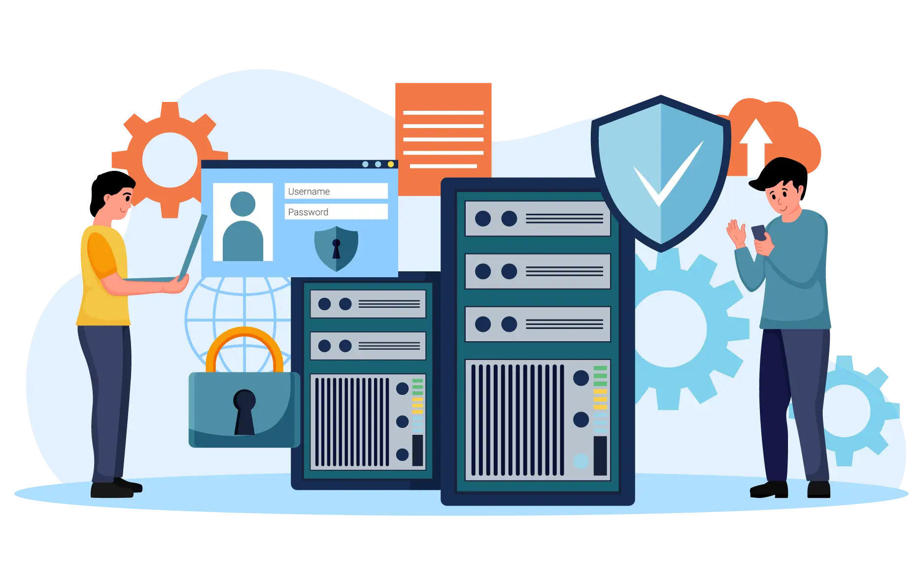Illustration of two people with laptops near servers, gears, a shield, and cloud icons, symbolizing data security and network management.