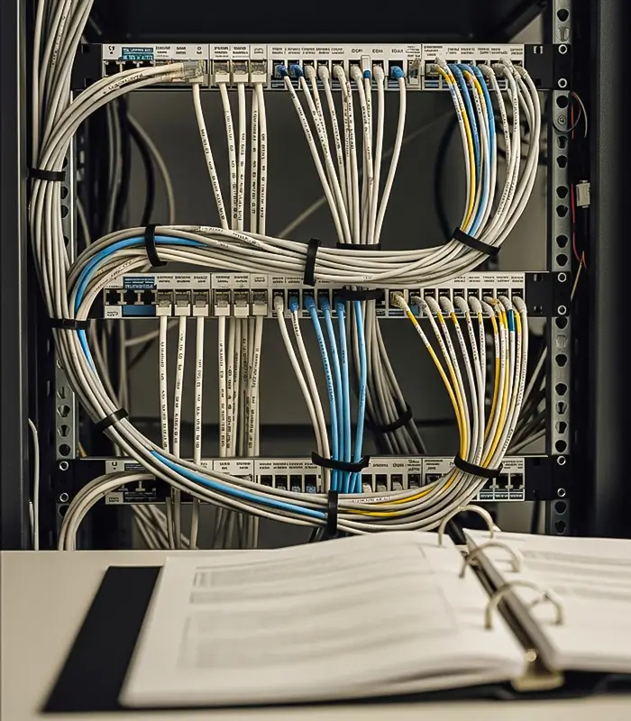 A server rack with neatly organized cables in white, blue, and yellow. An open binder with documents lies in the foreground, suggesting a technical workspace.