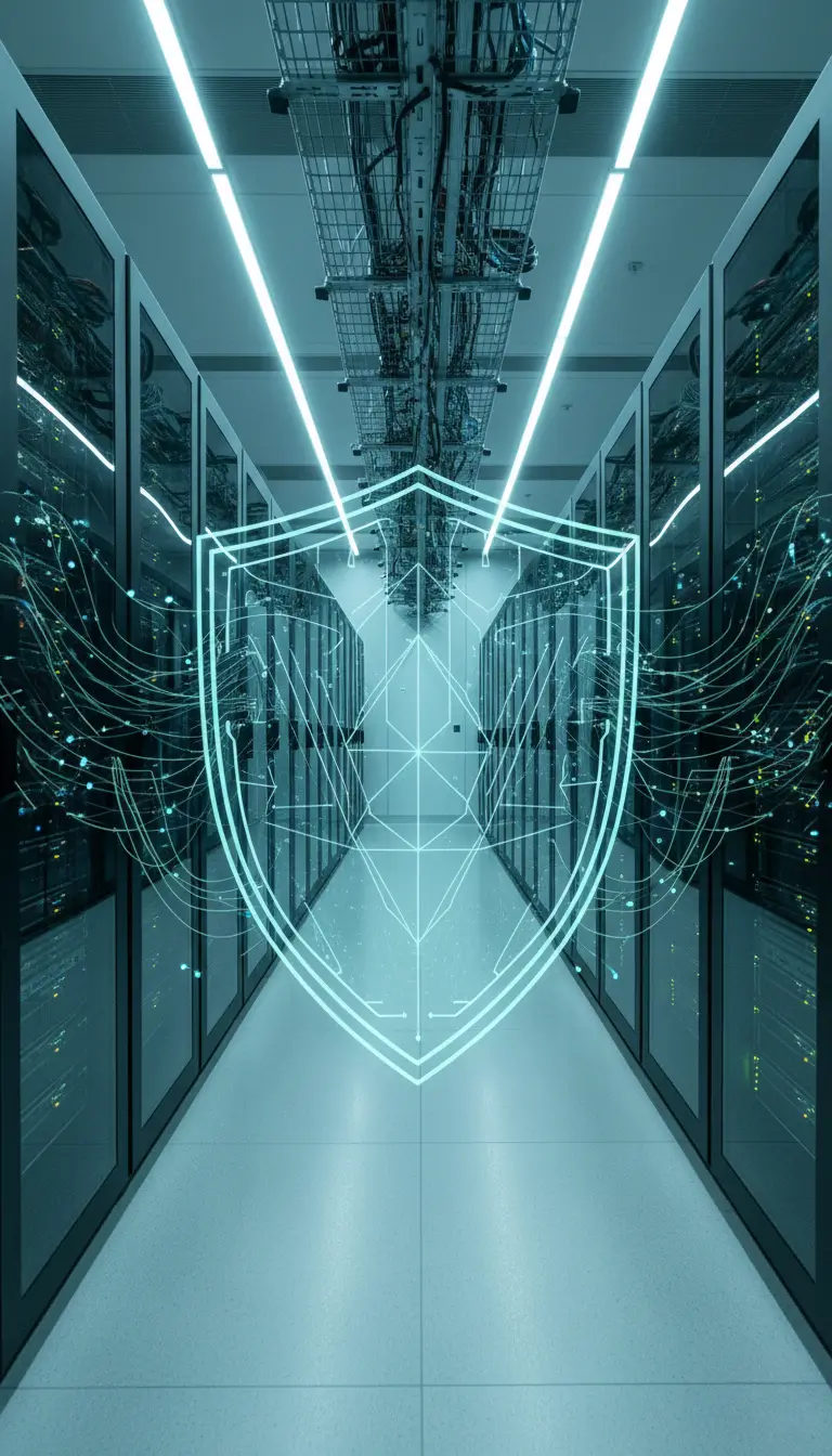 A futuristic server room with rows of servers on each side. A glowing digital shield overlay symbolizes cybersecurity, conveying protection and technology.