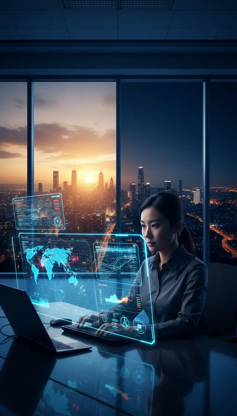A woman in an office works on a laptop with futuristic holographic screens displaying data and world maps. A city skyline glows at sunset outside.