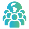 Icon depicting a group of six blue silhouettes beneath a globe showing South America, symbolizing global community and unity.