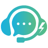 Headset with a chat bubble and three dots at the center, symbolizing communication. A lightning bolt is on the right side, indicating speed.