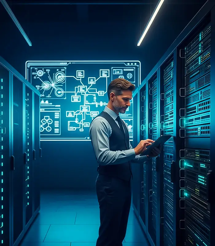 A man in a server room wearing a vest and shirt uses a tablet. Blue LED lights illuminate servers, with a glowing tech diagram on the wall, creating a futuristic feel.
