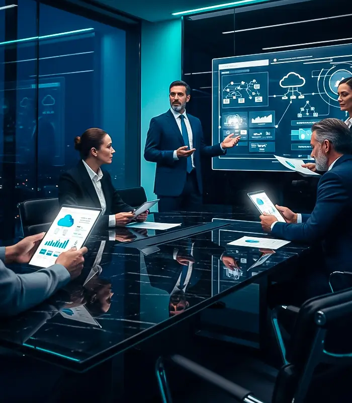 A group of professionals in a dimly lit conference room focus on a digital presentation. They analyze data on tablets, conveying a collaborative, high-tech atmosphere.