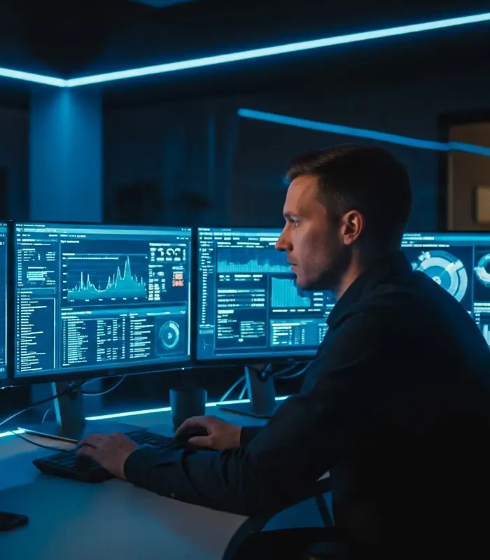 A man in a dimly lit room intensely analyzes data on multiple computer screens displaying complex graphs and charts, creating a focused and technical atmosphere.