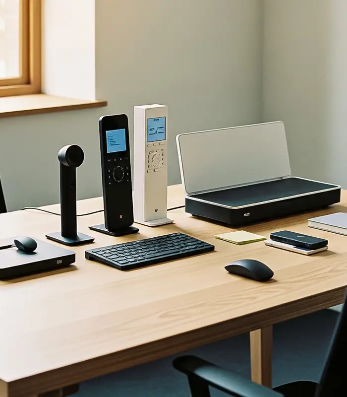 A minimalist desk setup featuring a keyboard, mouse, various electronics, and a speaker on a wooden table by a window. The atmosphere is modern and organized.