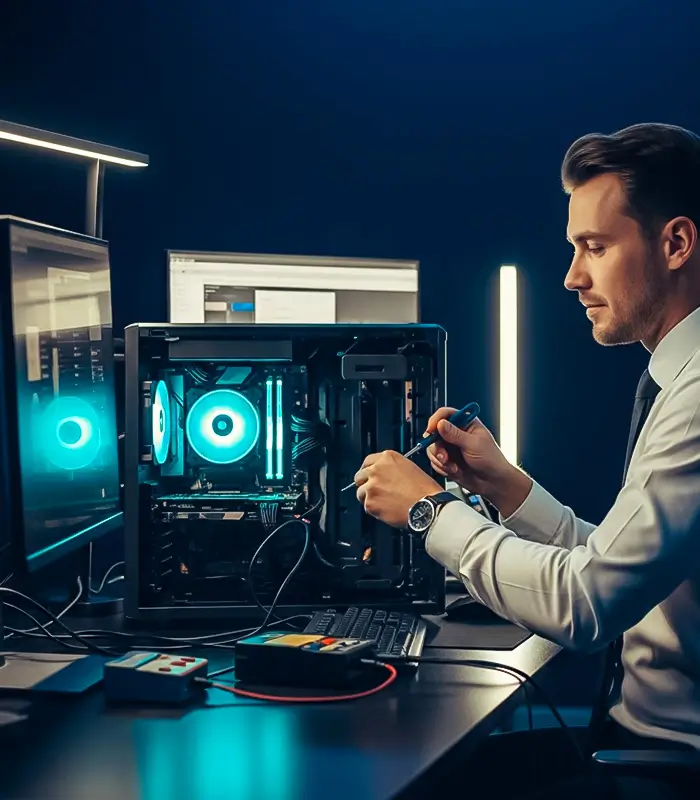 A man in a white shirt focuses intently on assembling a glowing computer, surrounded by screens and tools, conveying a sense of concentration and tech expertise.
