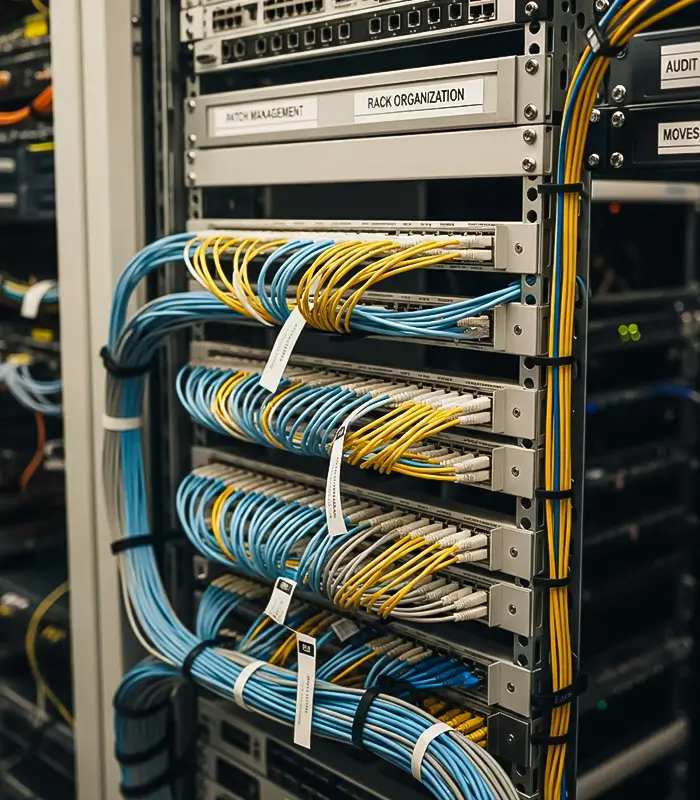 A neatly organized server rack with blue and yellow cables, labeled with tags, showcasing efficient data management and connectivity.