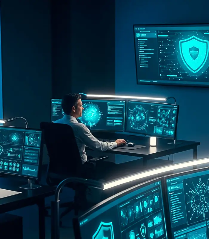 A professional in a dark control room monitors multiple glowing blue screens displaying cybersecurity data, evoking a sense of vigilance and technology.