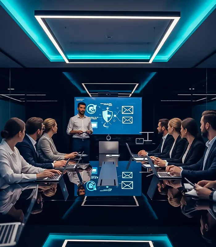 A business meeting in a modern conference room. A person stands by a screen displaying cybersecurity icons, while eight people seated with laptops listen attentively.
