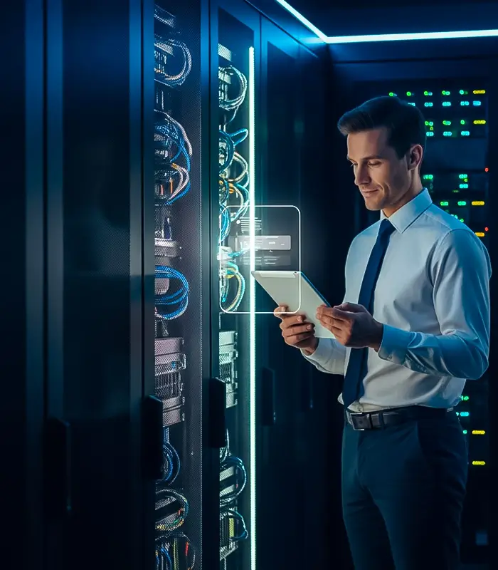 A man in a server room interacts with a transparent screen, displaying data. He looks focused, wearing a shirt and tie, with glowing servers around him.