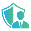 Icon of a person in a suit overlaying a shield, symbolizing protection and professionalism.