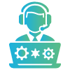 Icon of a person with a headset in front of a laptop, featuring gear symbols, conveys technology support.