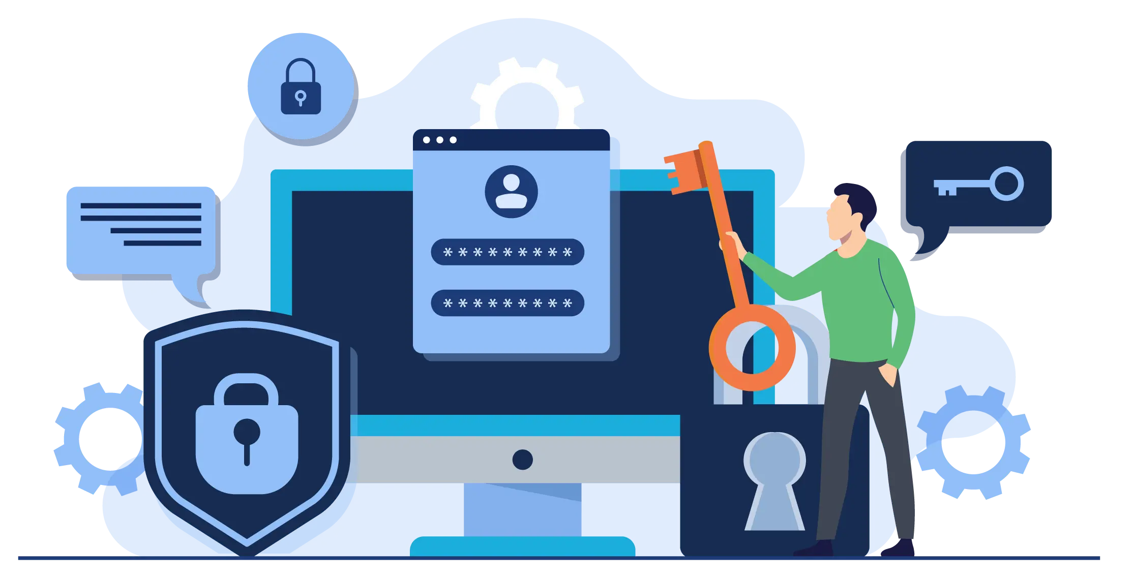 Illustration of a person holding a large key beside a computer displaying login information. Lock icons and gears indicate security themes.