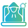 Icon of a hooded figure in teal, symbolizing mystery, with an ornate circle in the top right, set against a black background.