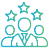 Icon depicting three abstract human figures beneath three stars, symbolizing teamwork and excellence.