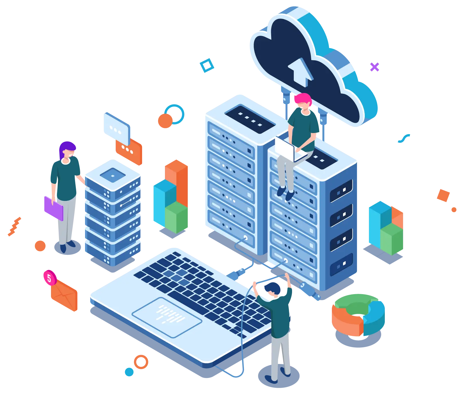 Illustration of three people managing servers and cloud storage. One person sits atop servers with a laptop, while others engage with large devices.